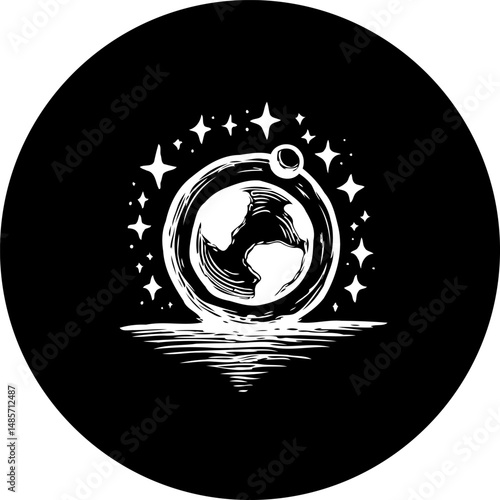 Stylized monochrome depiction of earth in an orbital setting with cosmic features