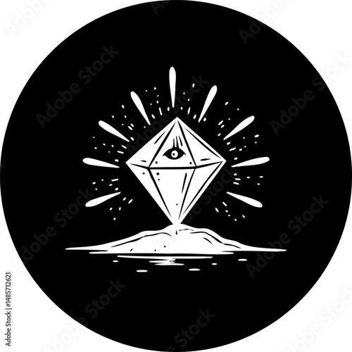 Symbolic diamond with all-seeing eye illustration radiates mystical essence within a circular frame