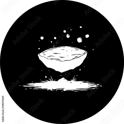 Abstract depiction of levitation and impact within a circular black void