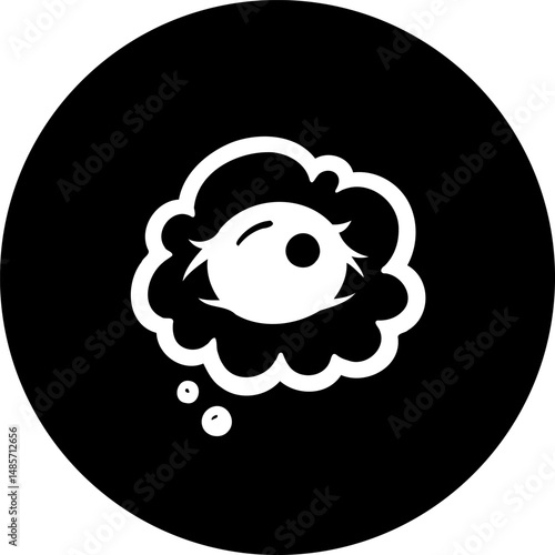 Abstract visual of an eye enclosed in a thought bubble against black circular background