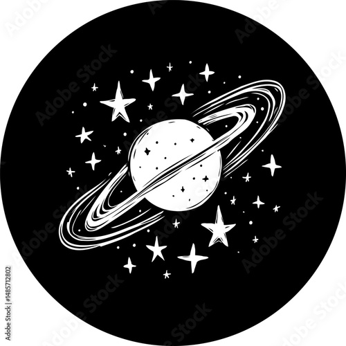 Enigmatic planet illustration amidst a cosmos of stars in stark monochrome