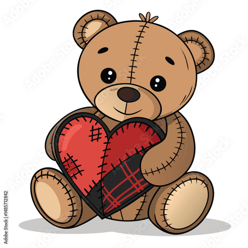 A distressed, stitched teddy bear clutching a bleeding heart; visible stitching, worn fabric, melancholic expression.