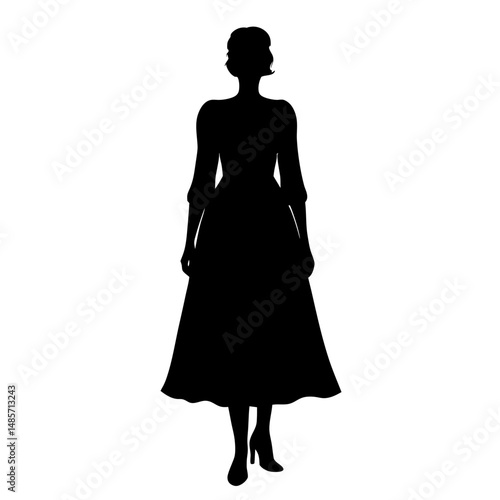 Silhouette of elegant woman in midi dress and high heels fashion style vector illustration