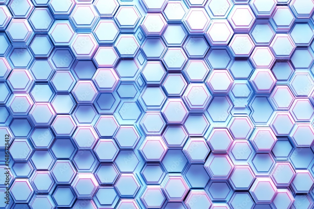 Naklejka premium abstract pattern of interconnected blue and white hexagons with subtle pink highlights creating a futuristic and geometric 3d effect
