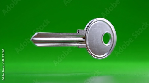 Silver Metal Key Spinning Horizontally Against a Vibrant Green Background