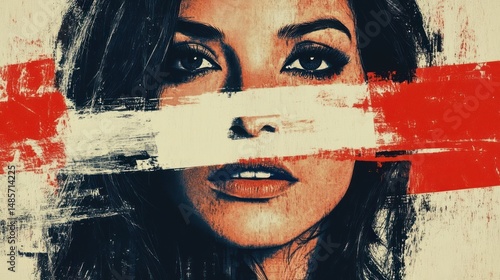 Portrait of a woman with intense eyes partially obscured by horizontal red and white brush strokes, evoking a sense of mystery and artistic expression