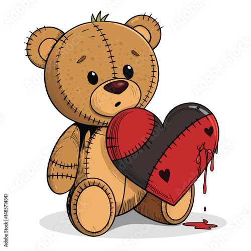 A distressed, patched teddy bear clutching a realistically rendered bleeding heart, showcasing intricate stitching details and expressive eyes.