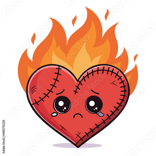A fiery, stitched-up heart with a miniature, sorrowful face, illustrating emotional pain and resilience.