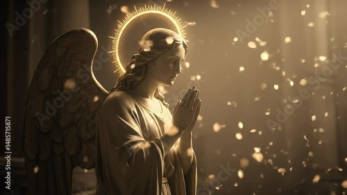 Praying Angel Statue in Soft Golden Light Religious Concept