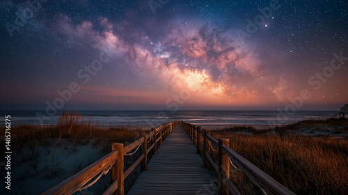 A wooden boardwalk stretches across the sandy beach at night