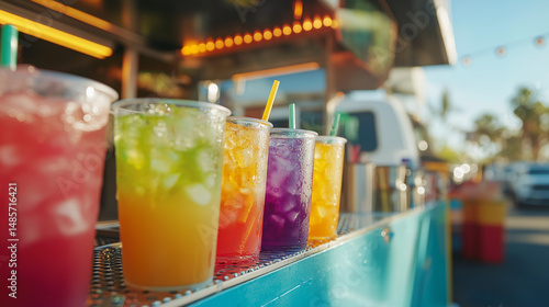 Vibrant iced drinks in a rainbow of colors sit on a food truck counter.