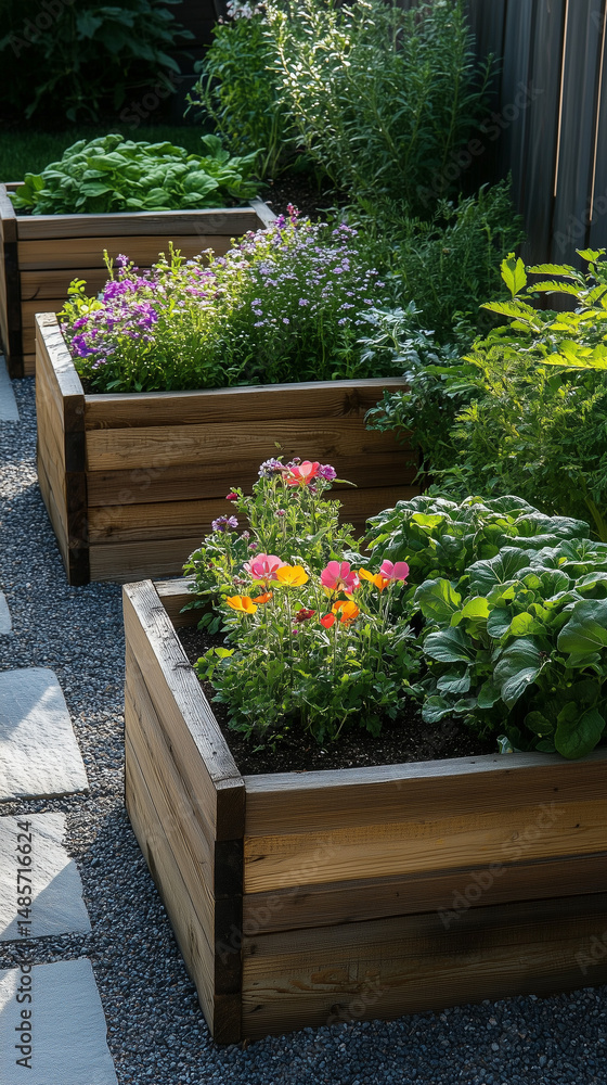 Obraz premium Beautiful raised wooden garden beds with blooming flowers and green herbs - vibrant and organized backyard oasis.