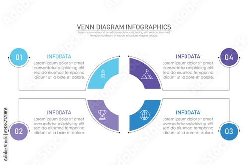 Venn diagram infographic chart template for business 3, 4, 6 parts, options, presentation with venn diagram elements vector illustration.