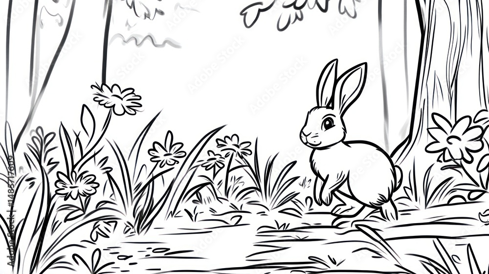 Naklejka premium Forest rabbit illustration, calm scene, nature, black and white