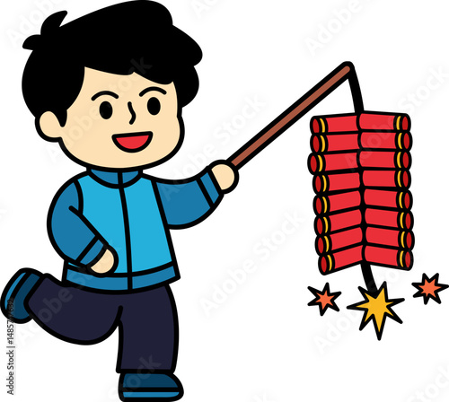 Chinese boy holding Chinese firecrackers