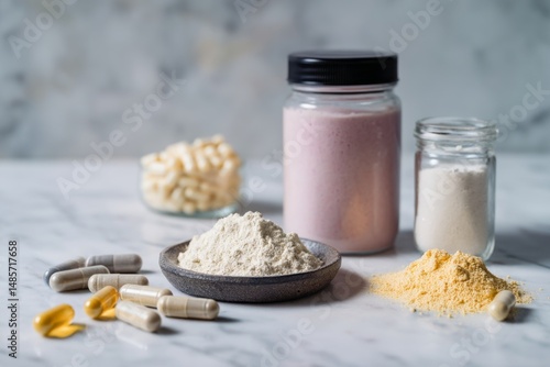 Nutritional supplements: protein shake, protein powder, amino acids, and collagen peptides displayed on a marble counter