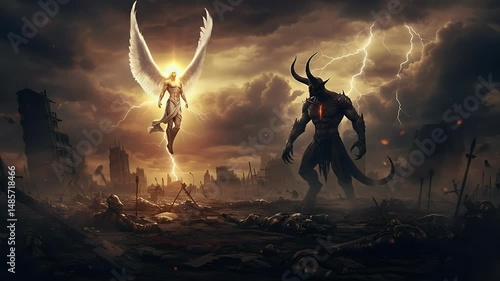 Winged Being Facing Horned Figure in Stormy Landscape