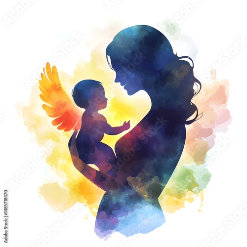 Elegant Watercolor Mother Holding Baby Silhouette Artwork for Parenting Blogs and Designs