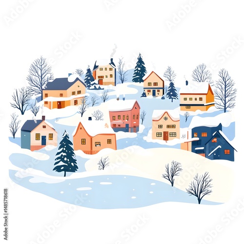 Panoramic Winter Landscape with Centered Houses in Wide Angle View