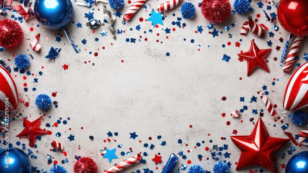 Obraz premium Red White Blue Festive Decorations on Gray Background