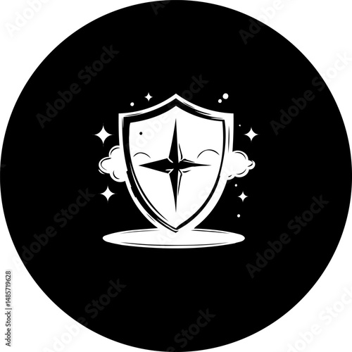 Stylized Shield with Compass and Cloud Elements on Black Circular Backdrop