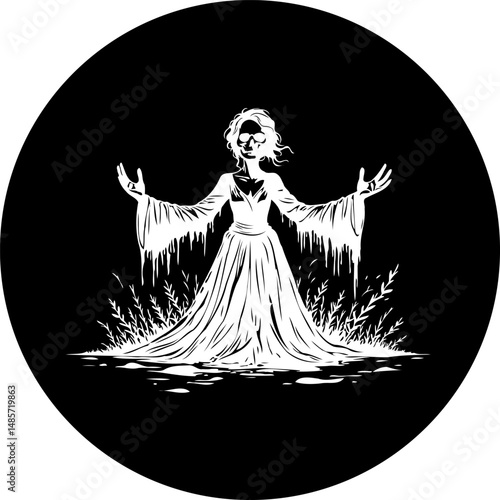 Ethereal female figure emerging amidst dark waters in monochromatic illustration