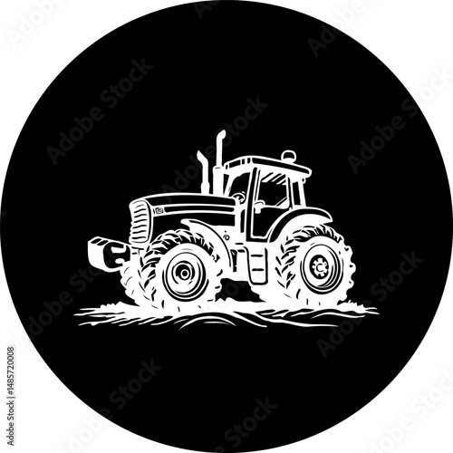 Tractor illustration with rural machinery in a circular black background