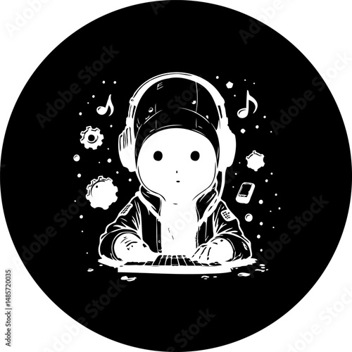 Monochromatic cartoon rendering of a coder engrossed in their digital world