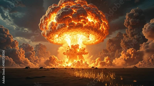 Explosion blast with huge mushroom cloud in sky, captured in dramatic light and smoke, symbolizing destruction, warfare and apocalyptic scenarios