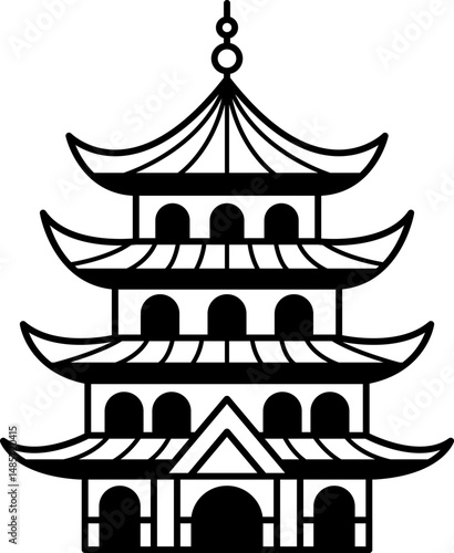 isolate black and white illustration of a chinese pagoda