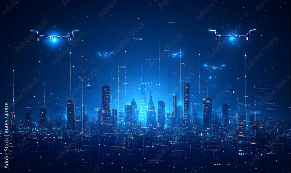 Fototapeta premium Futuristic city with glowing data streams and drones in a dark, blue, neon-lit urban landscape