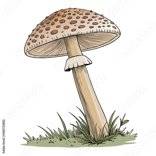 Detailed close-up of a tall parasol mushroom exhibiting a speckled brown cap and slender stem, showcasing its intricate texture and natural environment.