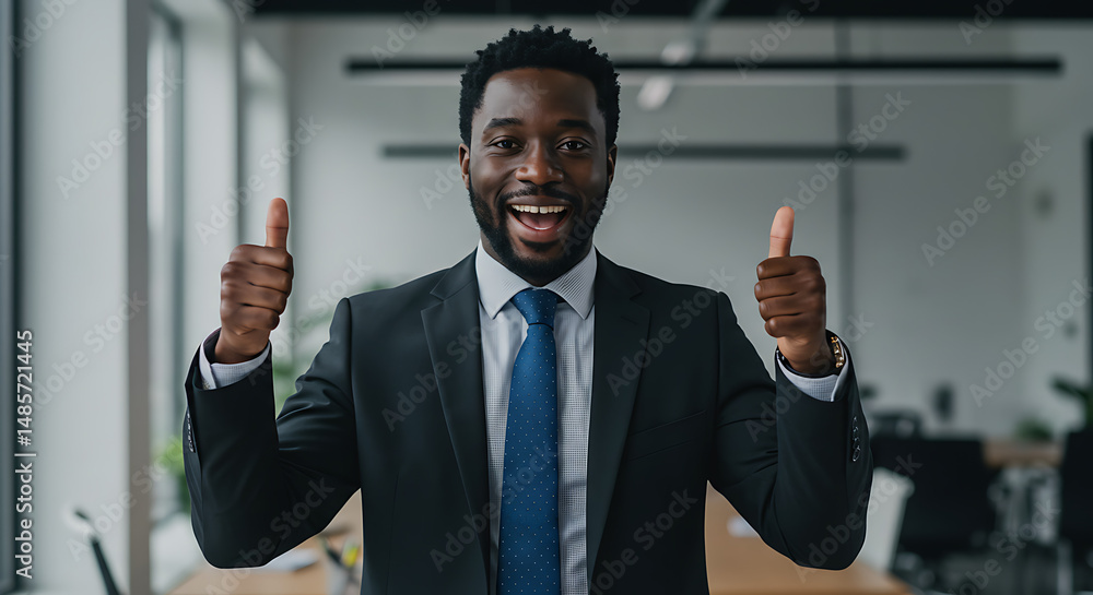 Fototapeta premium Happy Businessman Giving Thumbs Up Success, Achievement, and Positive Attitude