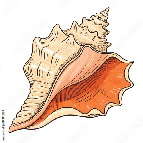 Close-up of a large, thick conch shell exhibiting a pronounced flared lip and vibrant orange interior; intricate shell texture visible.