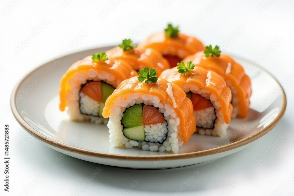 Elegant sushi arrangement on white background, minimalist, art, picture Elegant sushi arrangement on white background, minimalist, art, picture