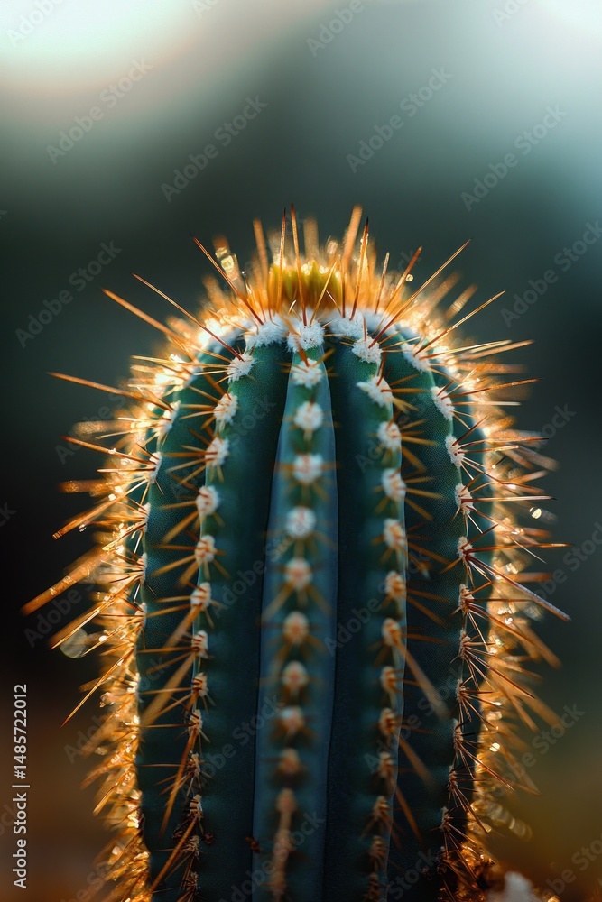 Naklejka premium Close-up of a green cactus with sharp golden spines illuminated by soft light and small water droplets, creating a serene and delicate atmosphere