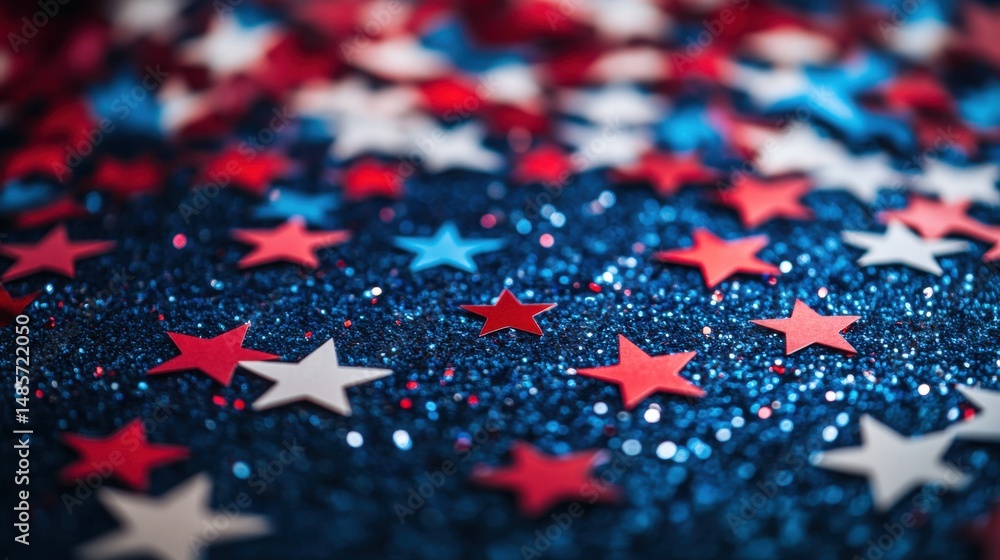 Fototapeta premium Red White Blue Stars on Glittering Blue Background