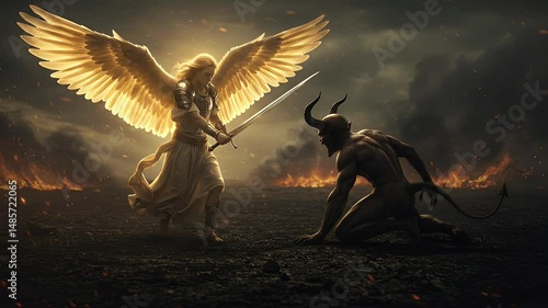 Clash Between Winged Figure and Horned Creature on Fiery Battlefield