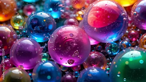 Abstract image of floating colorful 3D balls in space with glowing reflections, symbolizing digital fun, celebration or surreal art visuals