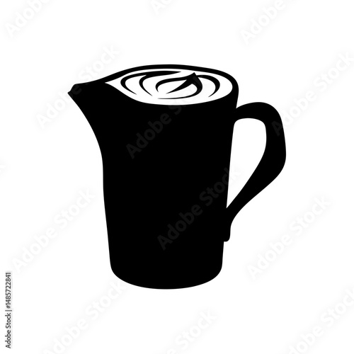 Isolated black and white vector graphic of a coffee creamer pitcher with latte art design