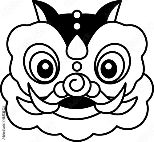 black and white illustration of chinese lion dance mask
