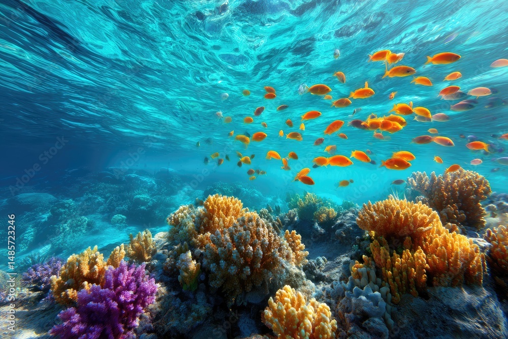 Fototapeta premium Vibrant coral reef teeming with colorful fish underwater.