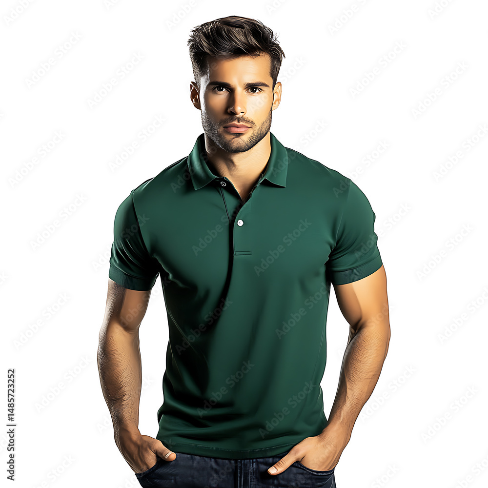 Fototapeta premium A handsome man poses with hands in pockets wearing a stylish dark green short-sleeve polo shirt.