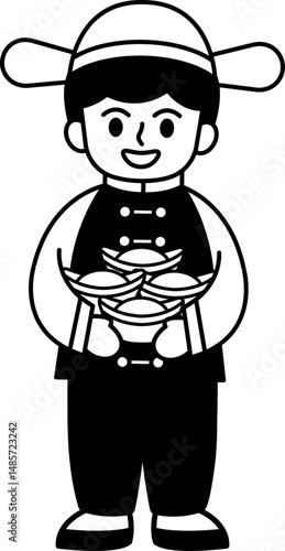 black and white illustration of a chinese boy holding ancient chinese money