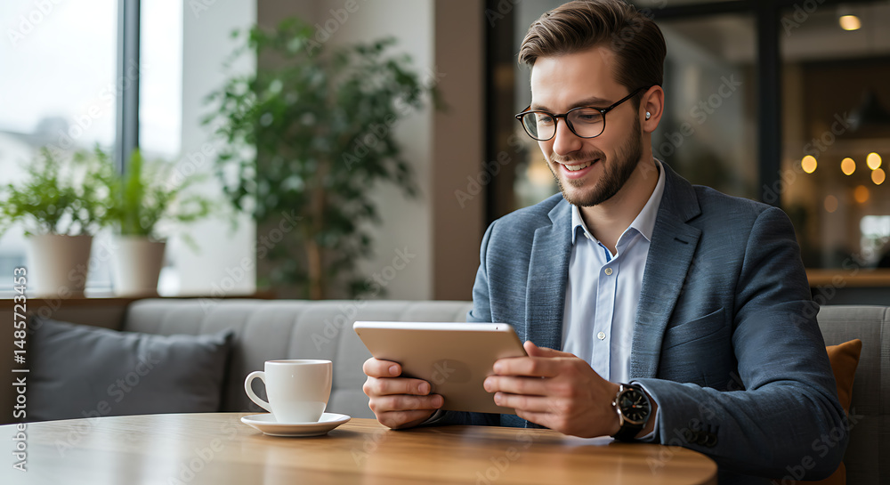 Obraz premium Smiling Businessman Working on Tablet in Modern Cafe