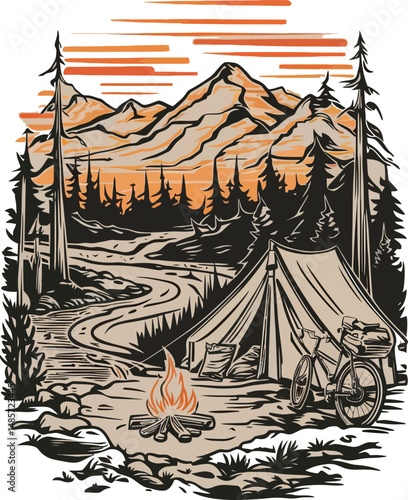 Hand-drawn vector illustration of a peaceful camping scene in the mountains with tents, pine trees, river, and campfire. Ideal for outdoor-themed designs, travel posters, or adventure branding.