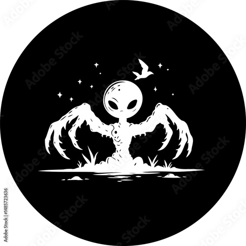 Monochrome surreal representation of a fantastical creature in a circular frame