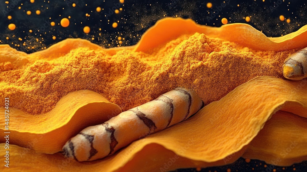 Obraz premium Close-up of bright orange turmeric powder with fresh turmeric roots surrounded by vibrant flowing curves of turmeric skin against a black background