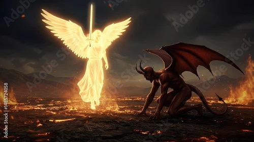 Wallpaper Mural Angel Facing Demon in Fiery Landscape with Sword Torontodigital.ca