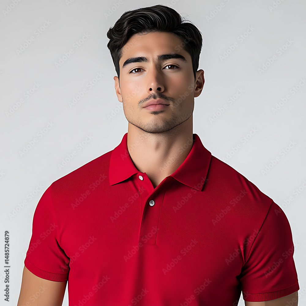 Obraz premium A striking portrait of a man in a vibrant red polo shirt against a neutral backdrop, looking directly forward.